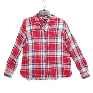 GAP Boyfriend Fit Plaid Button Down Shirt‎ Womens Medium Red Blue White